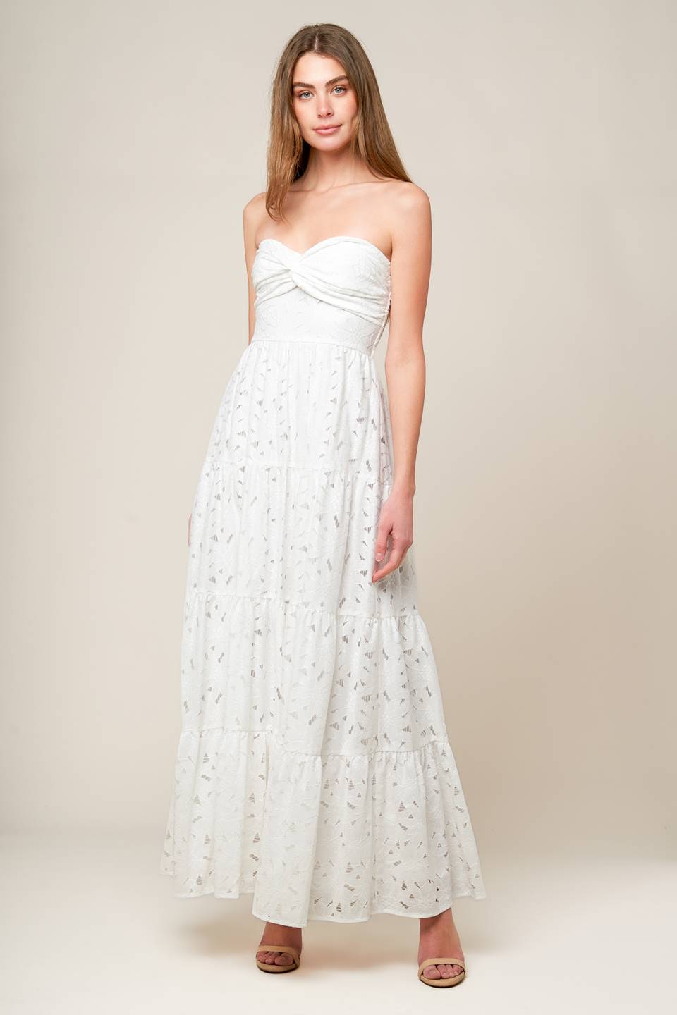WISHING WELL STRAPLESS WHITE LACE MAXI DRESS