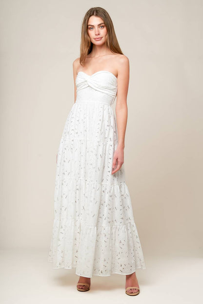 WISHING WELL STRAPLESS WHITE LACE MAXI DRESS