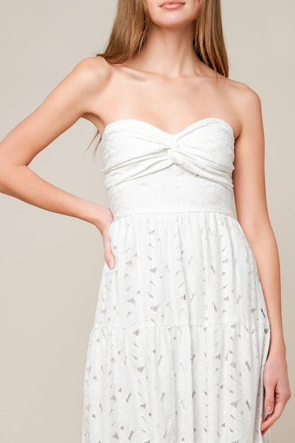 WISHING WELL STRAPLESS WHITE LACE MAXI DRESS