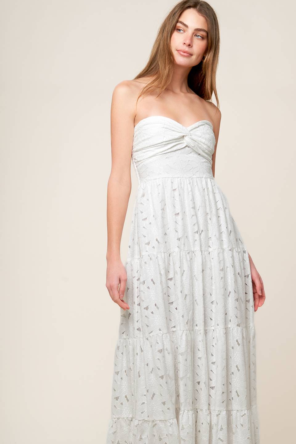 WISHING WELL STRAPLESS WHITE LACE MAXI DRESS