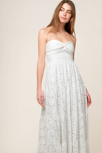 WISHING WELL STRAPLESS WHITE LACE MAXI DRESS