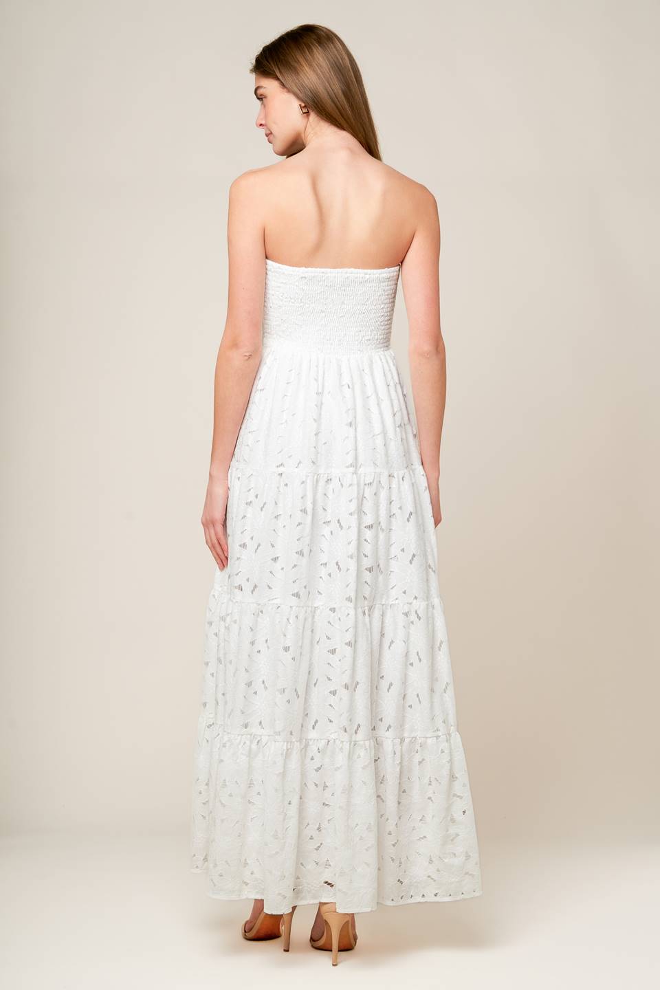 WISHING WELL STRAPLESS WHITE LACE MAXI DRESS