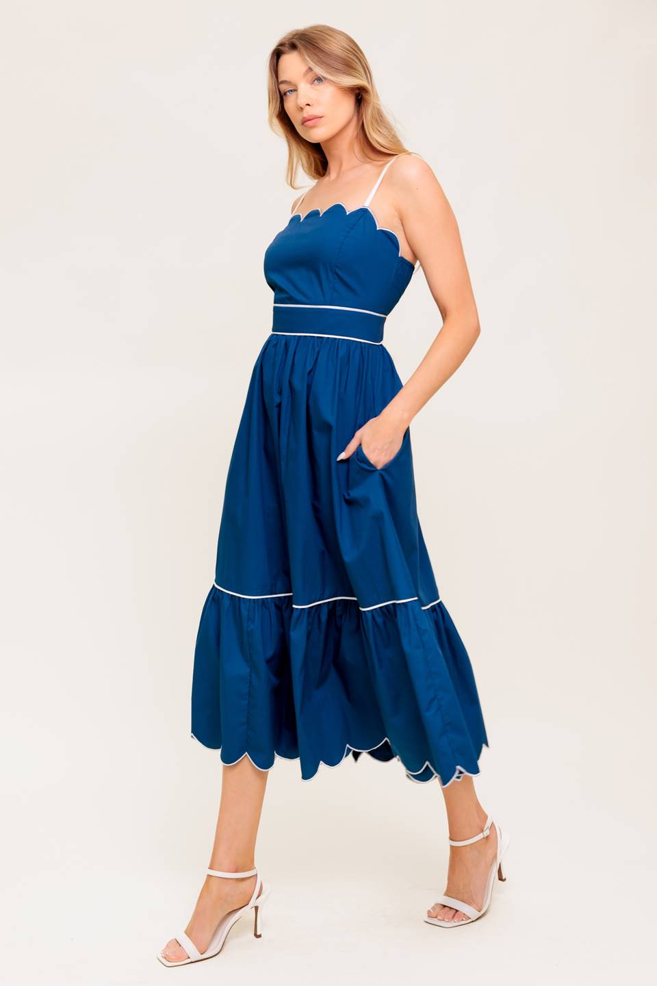 SWEET DREAMS SCALLOPED EDGE MIDI DRESS NAVY