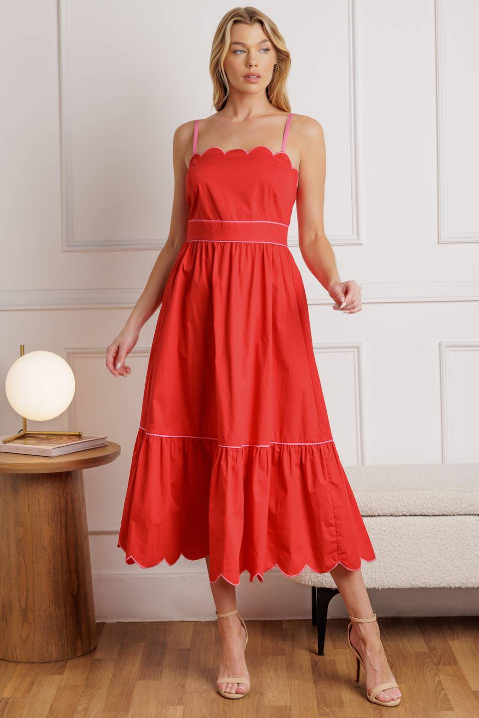 SWEET DREAMS RED & PINK SCALLOPED EDGE MIDI DRESS