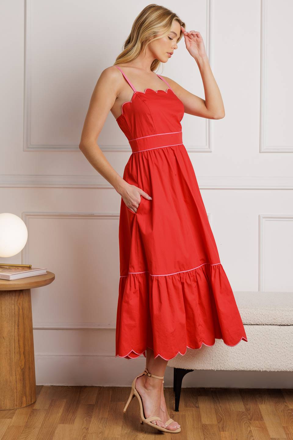 SWEET DREAMS RED & PINK SCALLOPED EDGE MIDI DRESS