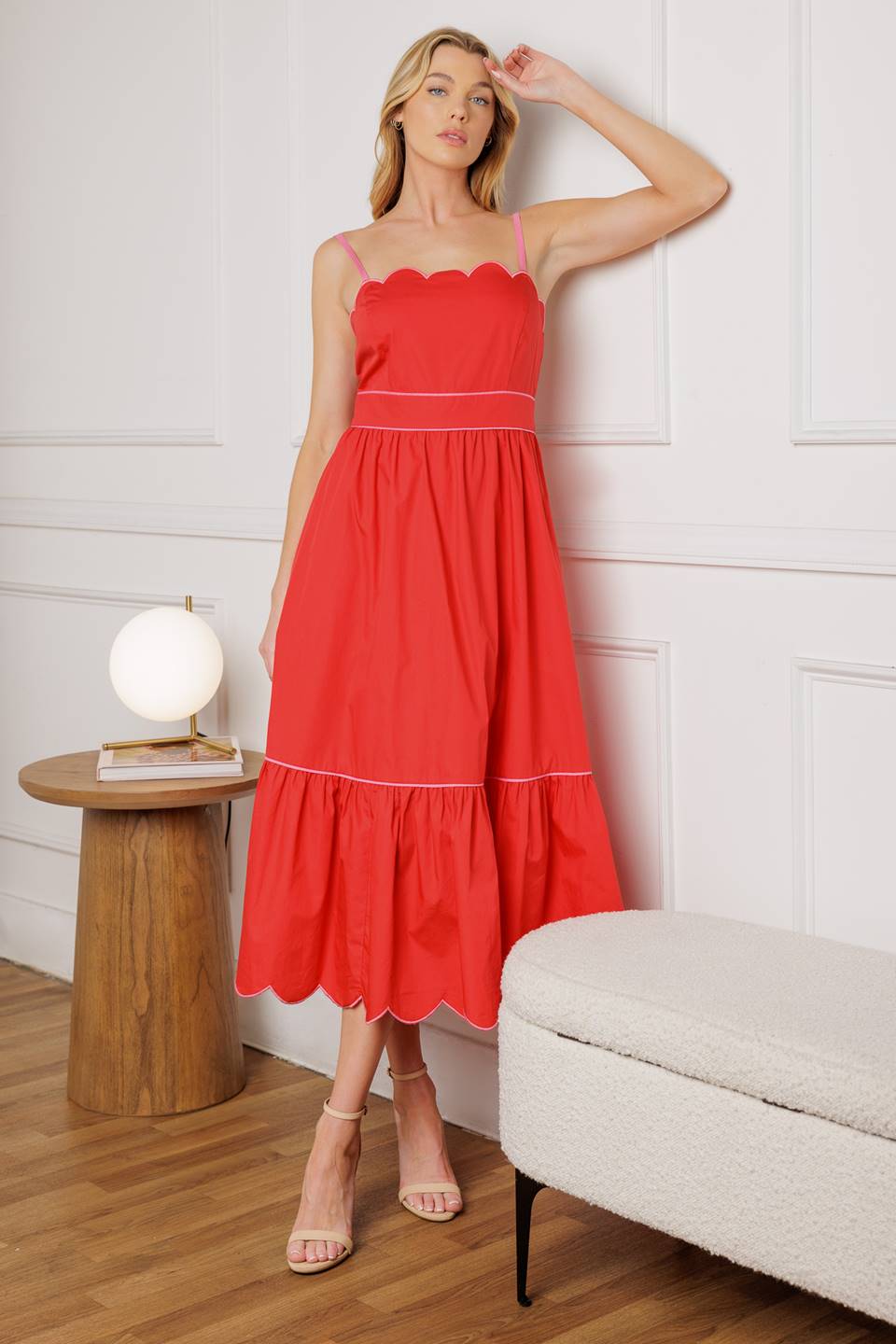 SWEET DREAMS RED & PINK SCALLOPED EDGE MIDI DRESS