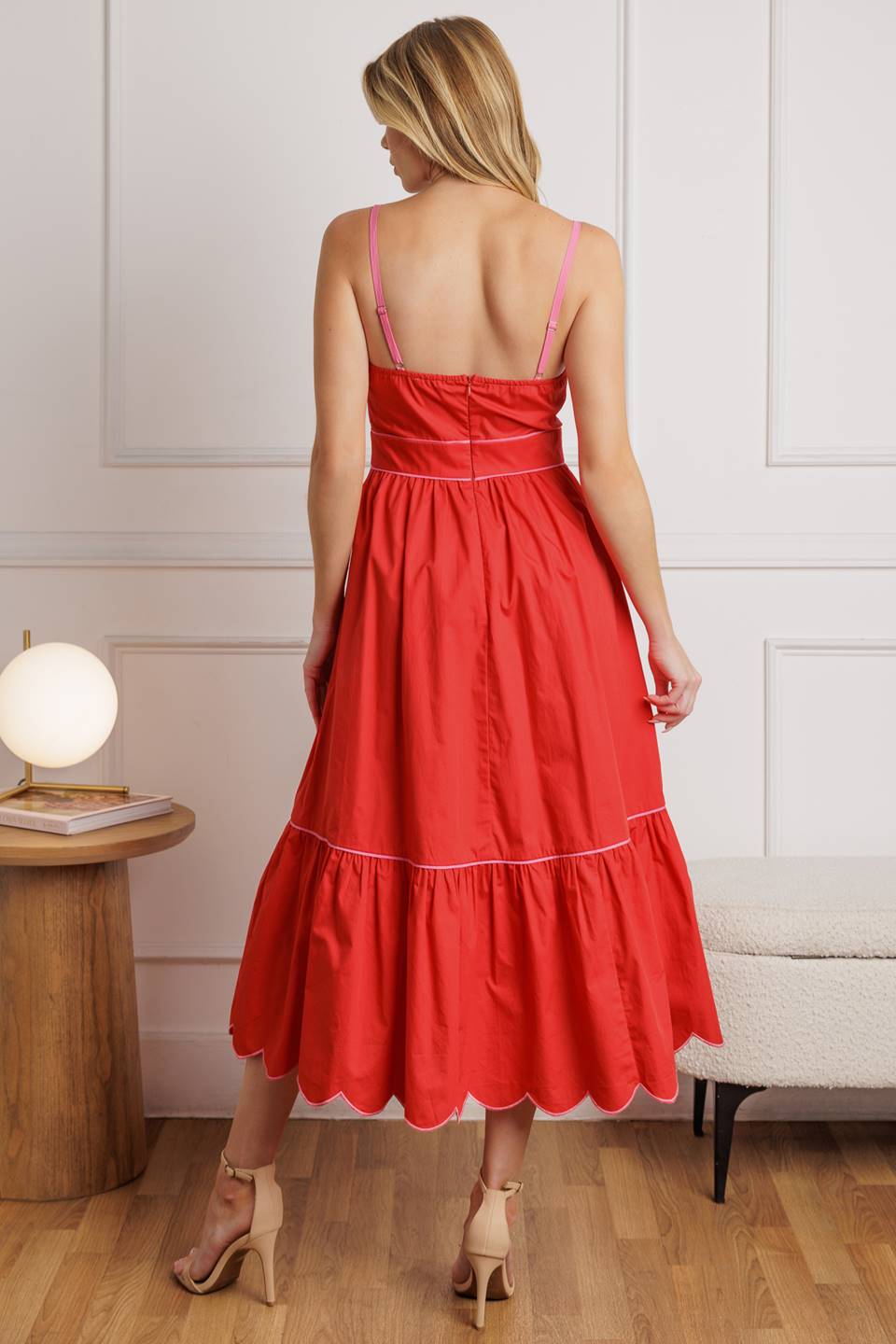 SWEET DREAMS RED & PINK SCALLOPED EDGE MIDI DRESS