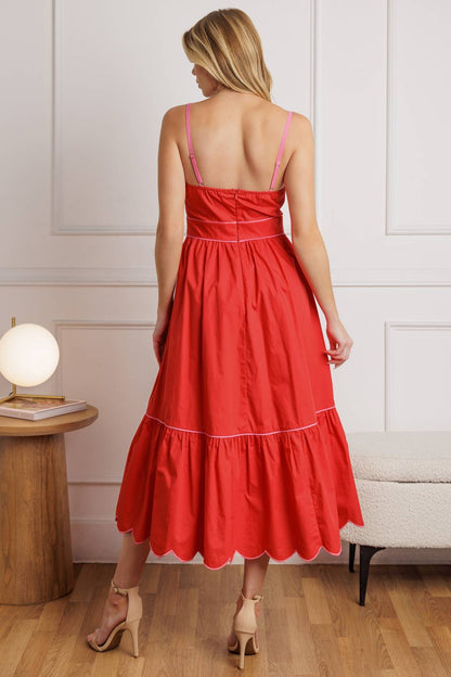 SWEET DREAMS RED & PINK SCALLOPED EDGE MIDI DRESS