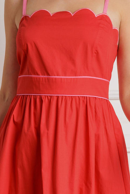 SWEET DREAMS RED & PINK SCALLOPED EDGE MIDI DRESS