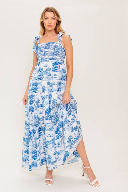WHEN IN ROME MIDI DRESS BLUE & WHITE TOILE