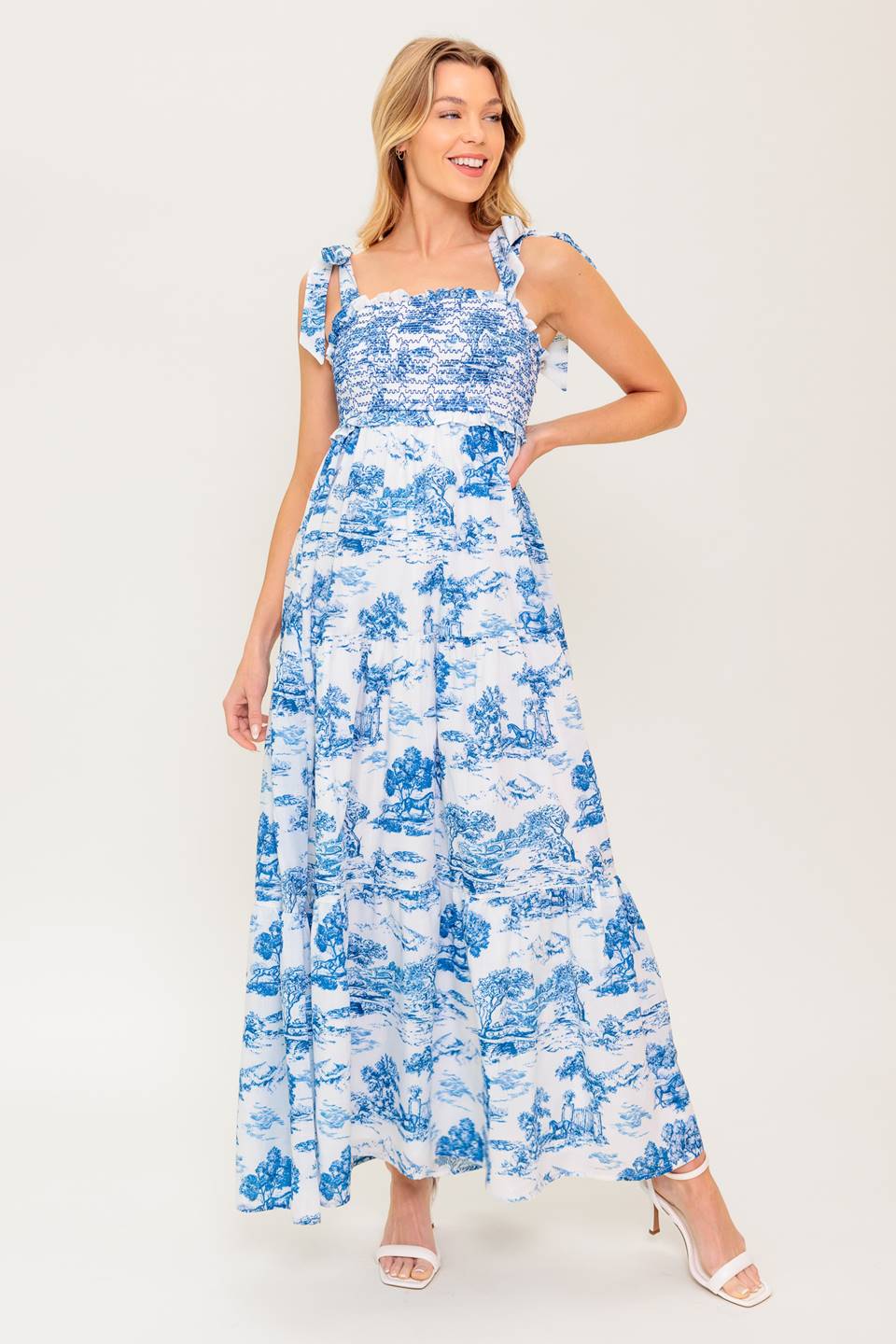 WHEN IN ROME MIDI DRESS BLUE & WHITE TOILE