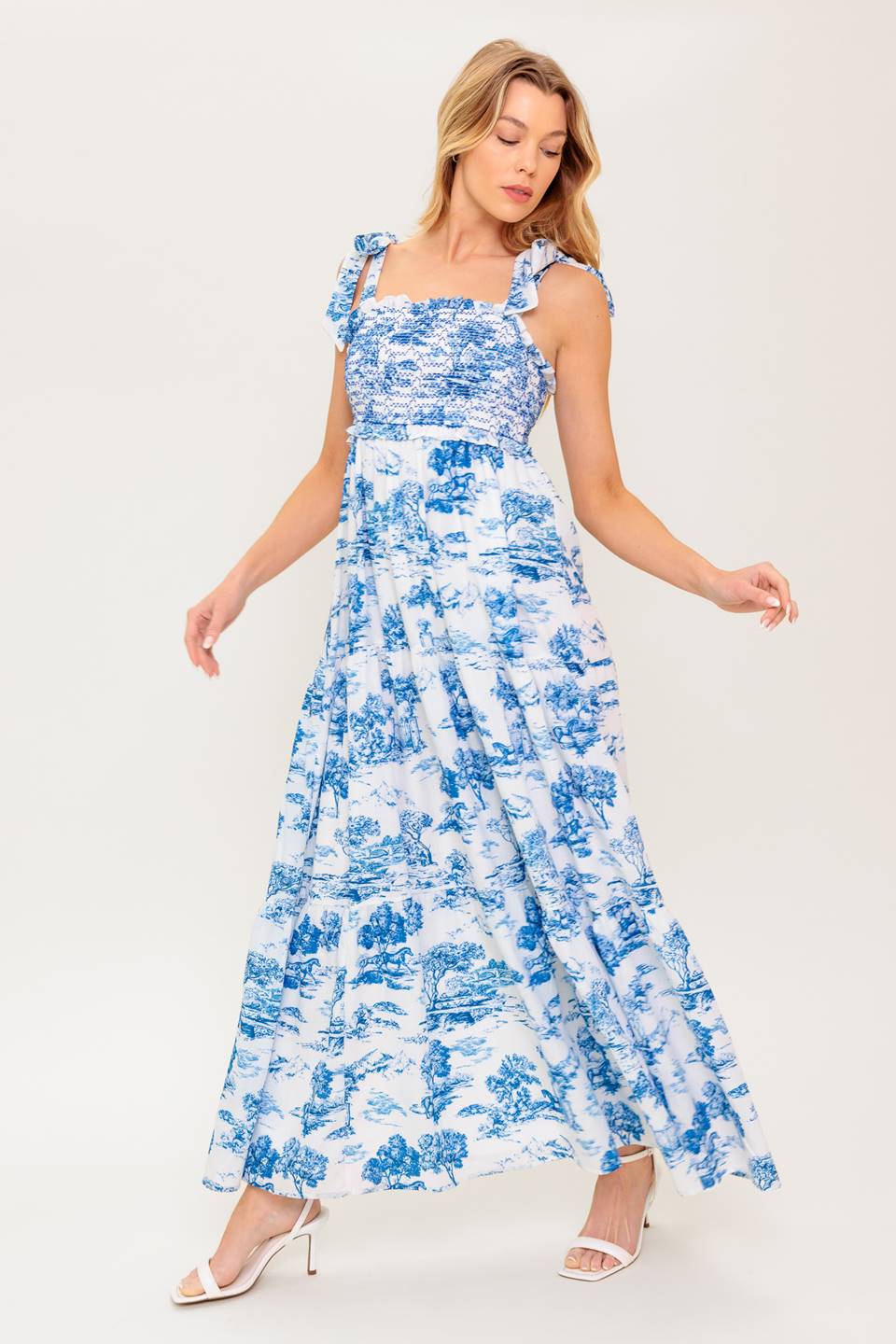 WHEN IN ROME MIDI DRESS BLUE & WHITE TOILE