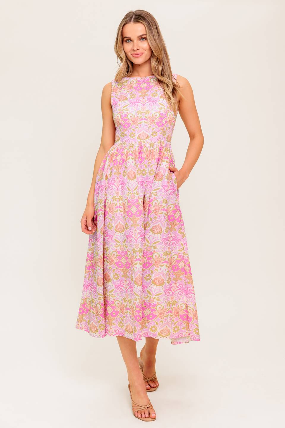UNDER THE SUN PINK MIDI DRESS WITH POCKETS FINAL