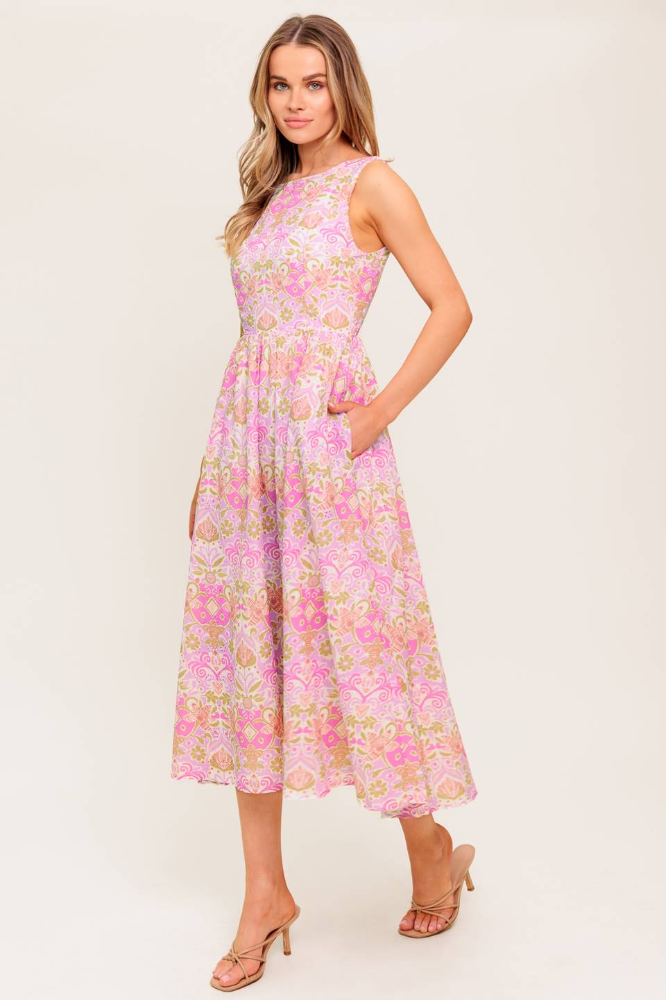 UNDER THE SUN PINK MIDI DRESS WITH POCKETS FINAL