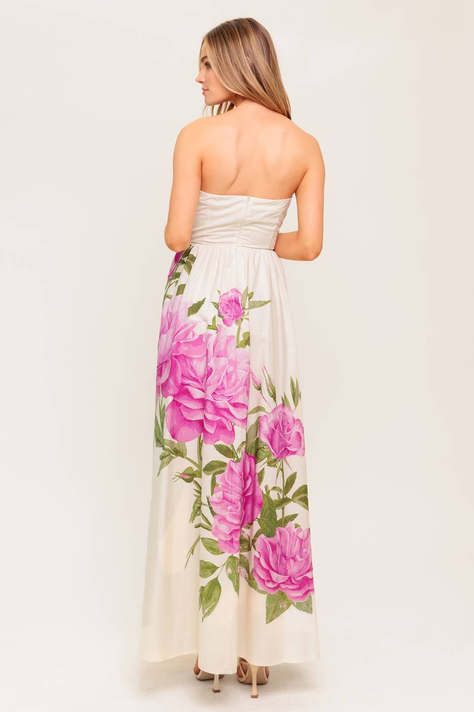 CAUGHT IN THE BREEZE STRAPLESS FLORAL MAXI DRESS