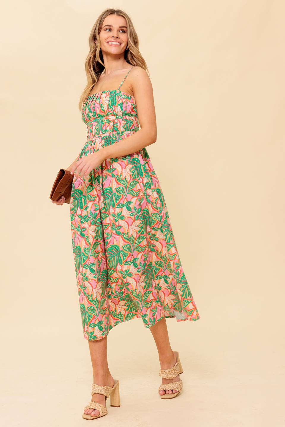 STORYTELLING PINK & GREEN MIDI DRESS WITH POCKETS