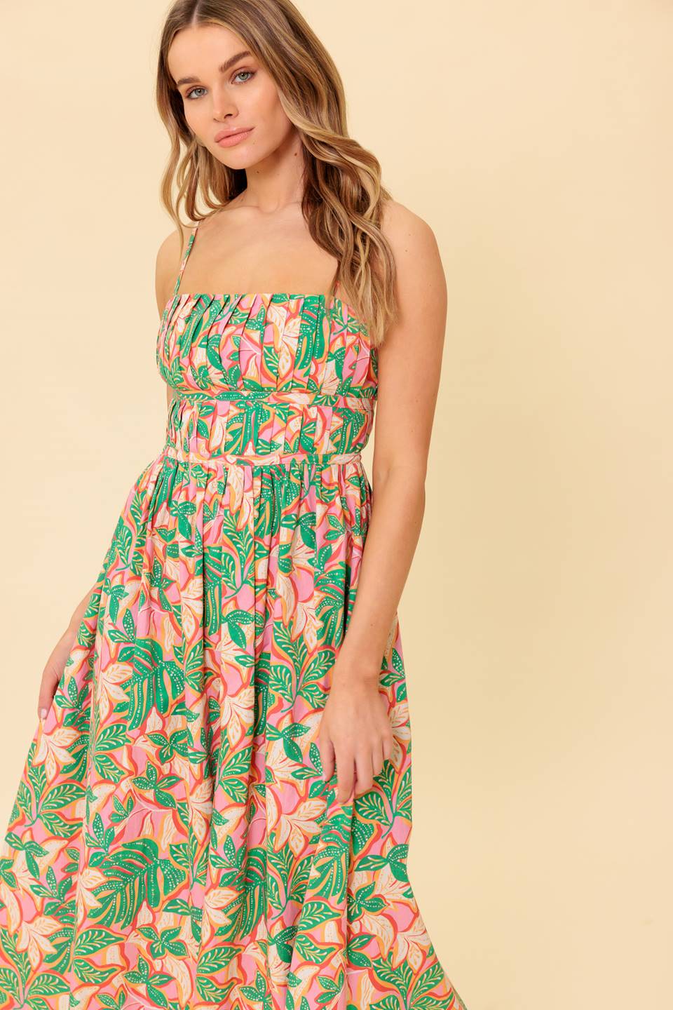 STORYTELLING PINK & GREEN MIDI DRESS WITH POCKETS