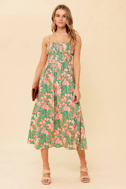 STORYTELLING PINK & GREEN MIDI DRESS WITH POCKETS
