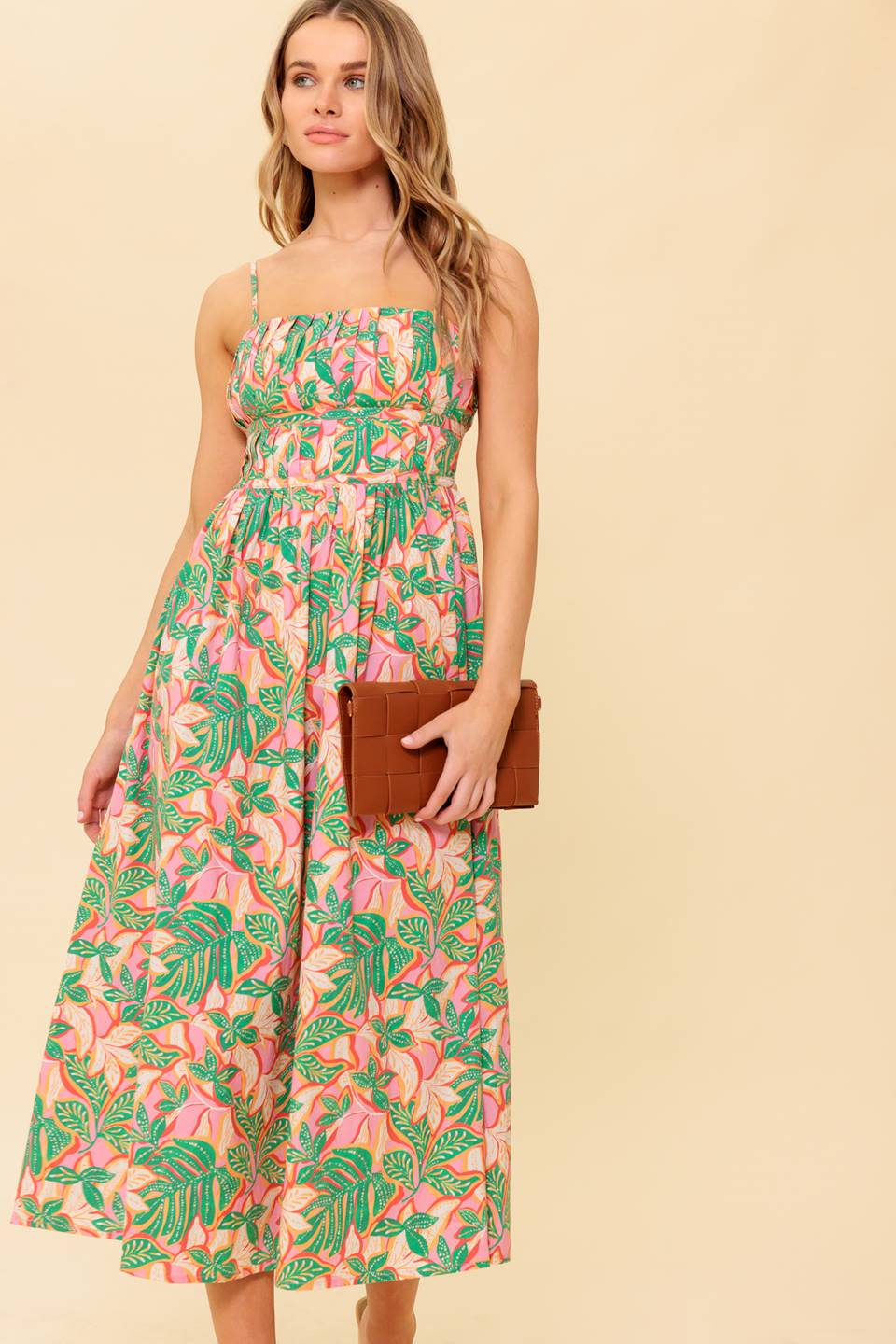STORYTELLING PINK & GREEN MIDI DRESS WITH POCKETS