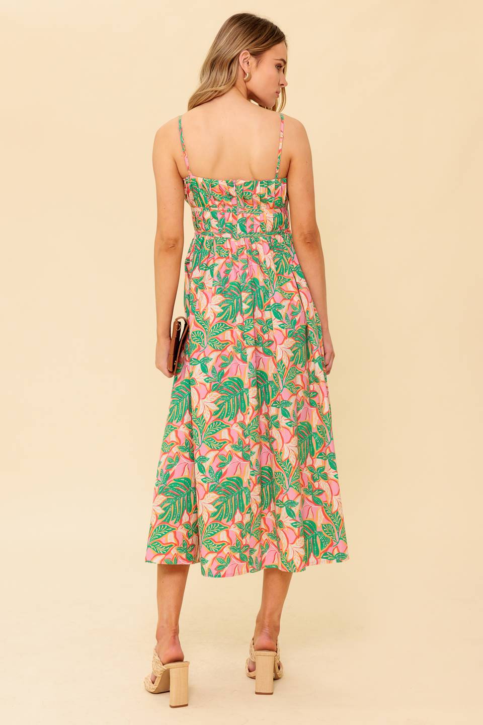 STORYTELLING PINK & GREEN MIDI DRESS WITH POCKETS
