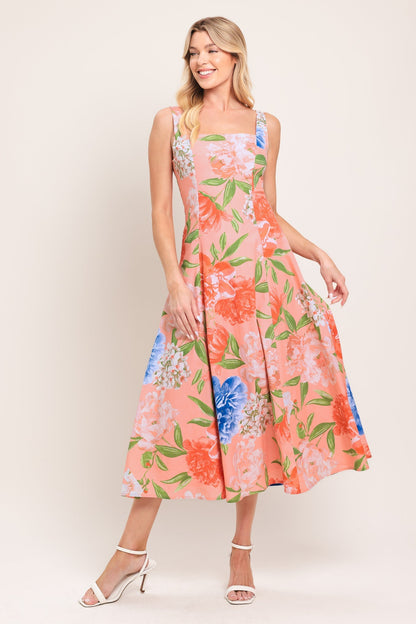PEACH PETAL FLORAL MIDI DRESS