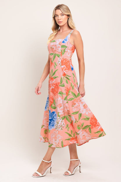 PEACH PETAL FLORAL MIDI DRESS