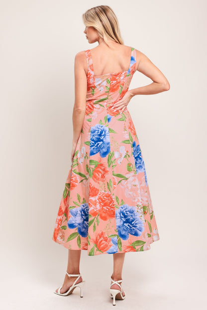 PEACH PETAL FLORAL MIDI DRESS