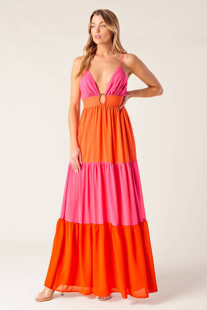 REGAL SUNRISE PINK & RED COLOR BLOCKED MAXI DRESS