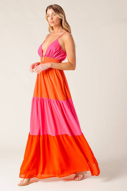 REGAL SUNRISE PINK & RED COLOR BLOCKED MAXI DRESS