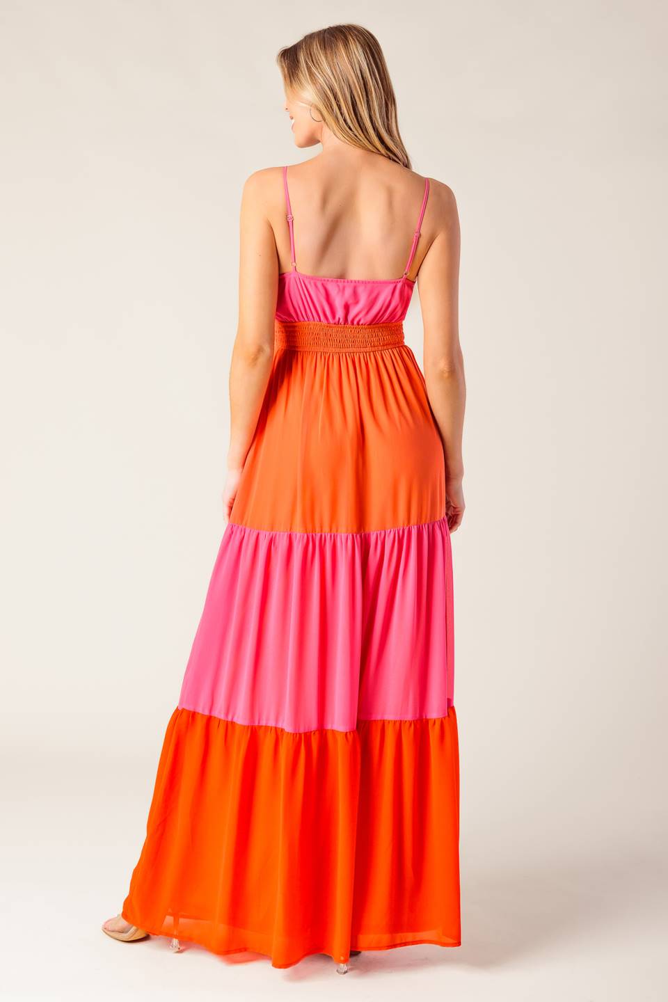 REGAL SUNRISE PINK & RED COLOR BLOCKED MAXI DRESS