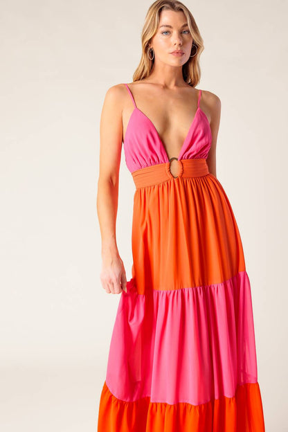 REGAL SUNRISE PINK & RED COLOR BLOCKED MAXI DRESS