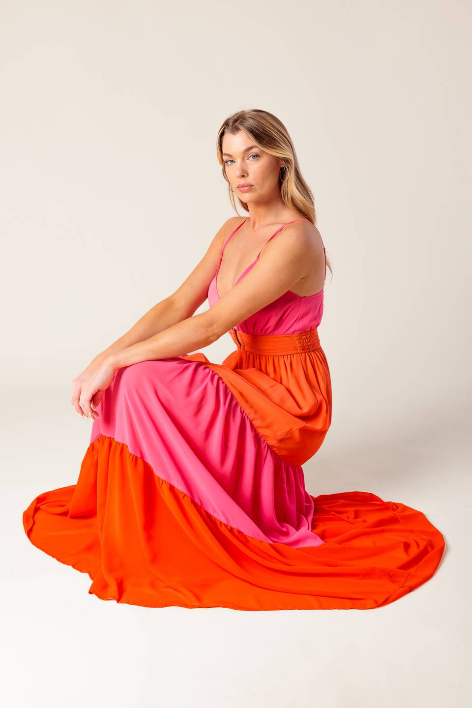 REGAL SUNRISE PINK & RED COLOR BLOCKED MAXI DRESS