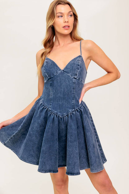 WEEKEND TRIP BASQUE WAIST DENIM MINI DRESS