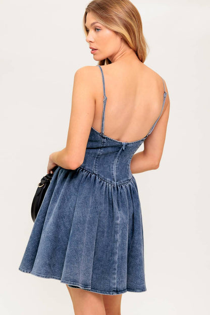 WEEKEND TRIP BASQUE WAIST DENIM MINI DRESS
