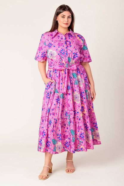 PETAL PRESS PINK & PURPLE FLORAL MIDI DRESS