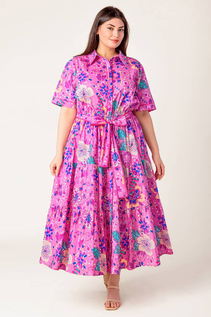 PETAL PRESS PINK & PURPLE FLORAL MIDI DRESS