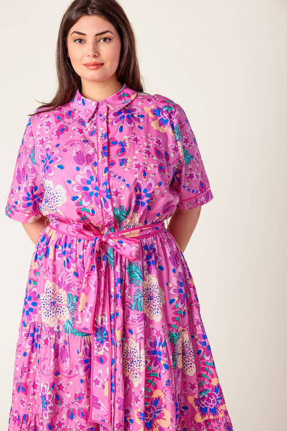 PETAL PRESS PINK & PURPLE FLORAL MIDI DRESS