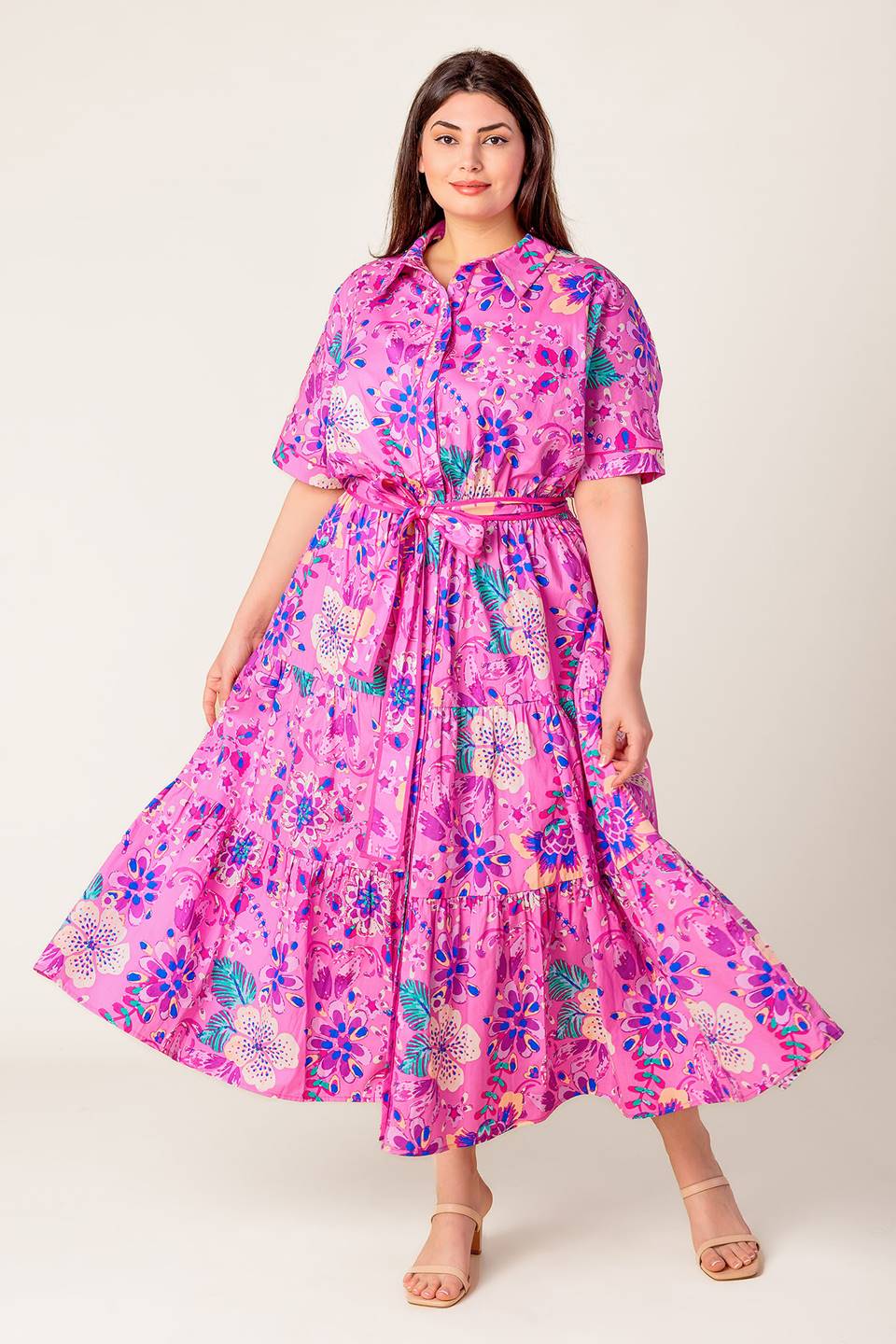 PETAL PRESS PINK & PURPLE FLORAL MIDI DRESS