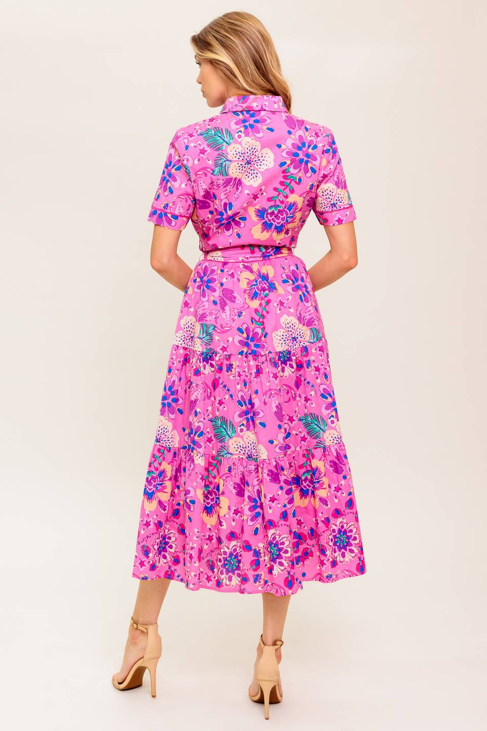 PETAL PRESS PINK & PURPLE FLORAL MIDI DRESS