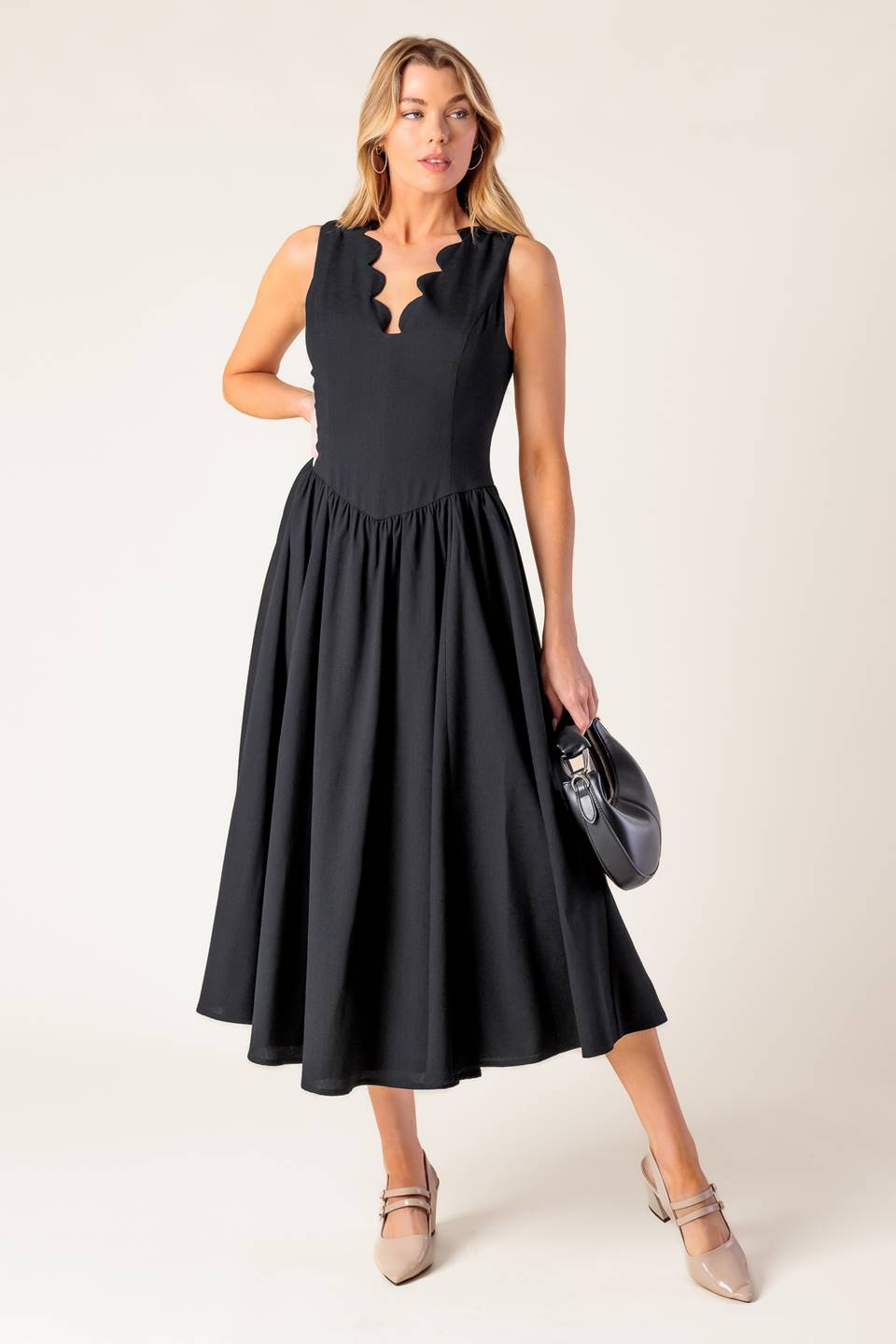 FOR THE RECORD SCALLOP-V MIDI DRESS BLACK