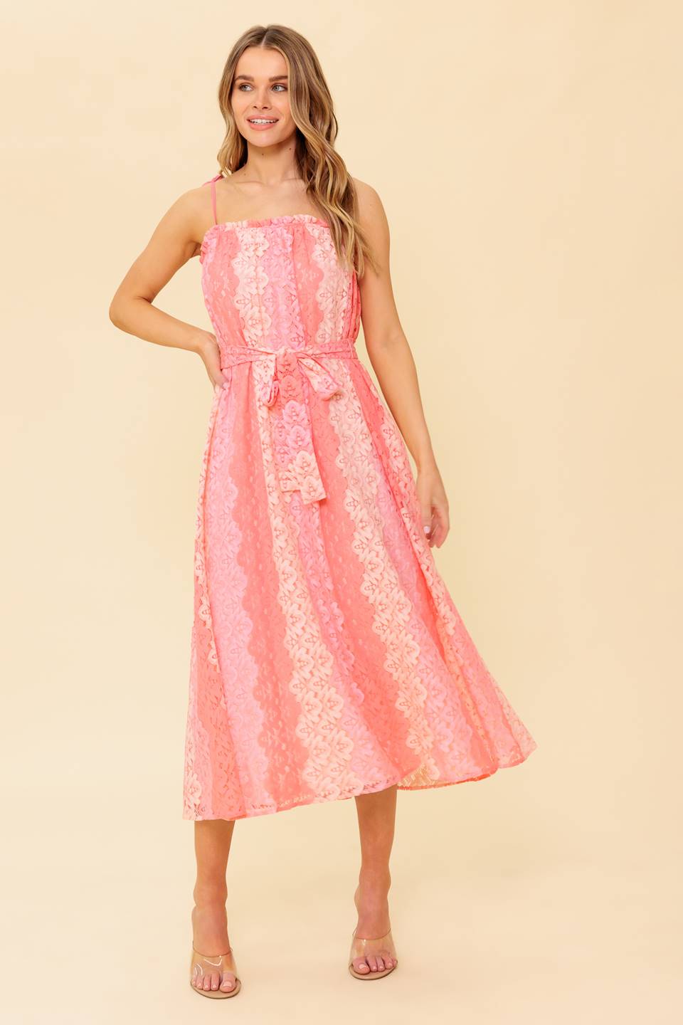 TAILOR MADE LACE MIDI DRESS PEACH