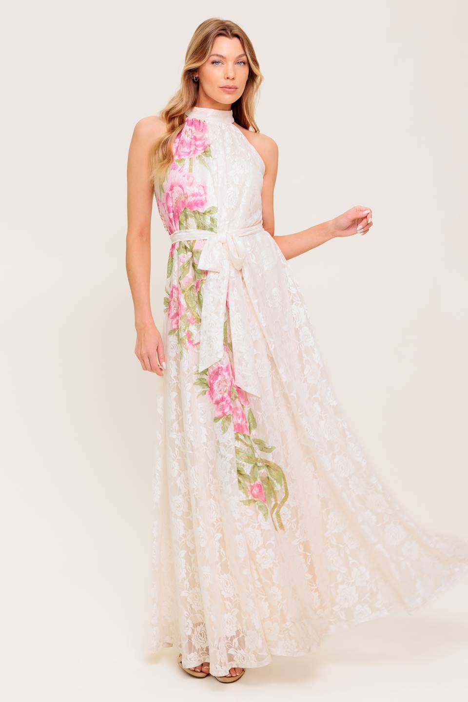 ROSE GARDEN IVORY LACE HALTER MAXI DRESS