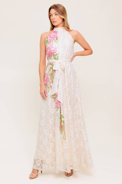 ROSE GARDEN IVORY LACE HALTER MAXI DRESS