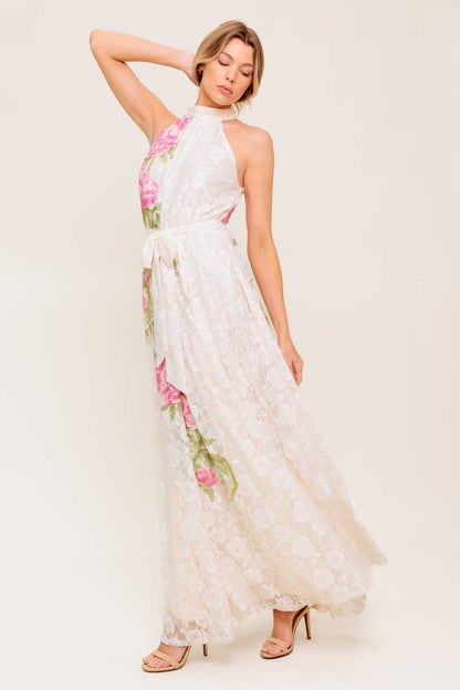 ROSE GARDEN IVORY LACE HALTER MAXI DRESS