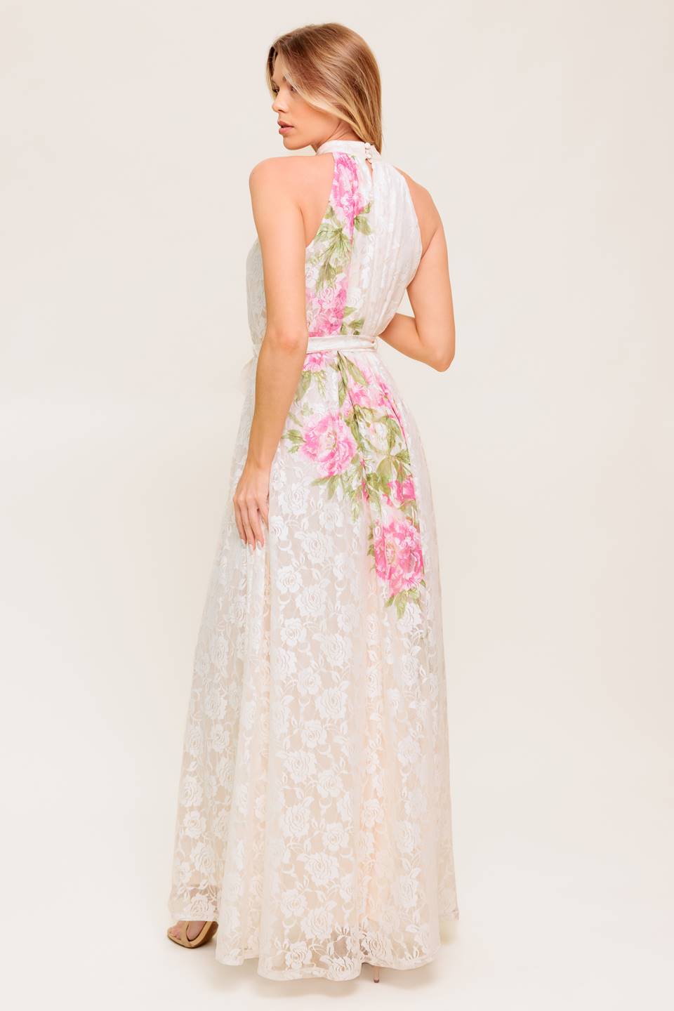 ROSE GARDEN IVORY LACE HALTER MAXI DRESS