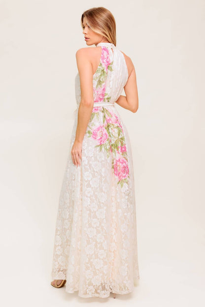 ROSE GARDEN IVORY LACE HALTER MAXI DRESS