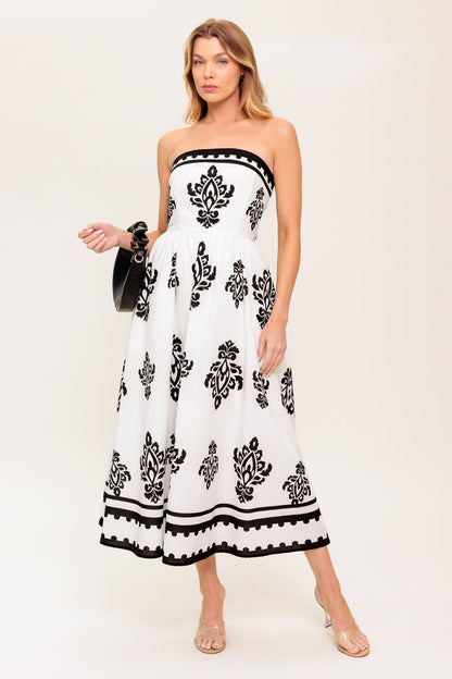 CAFE IN PARIS STRAPLESS MIDI DRESS IVORY & BLACK