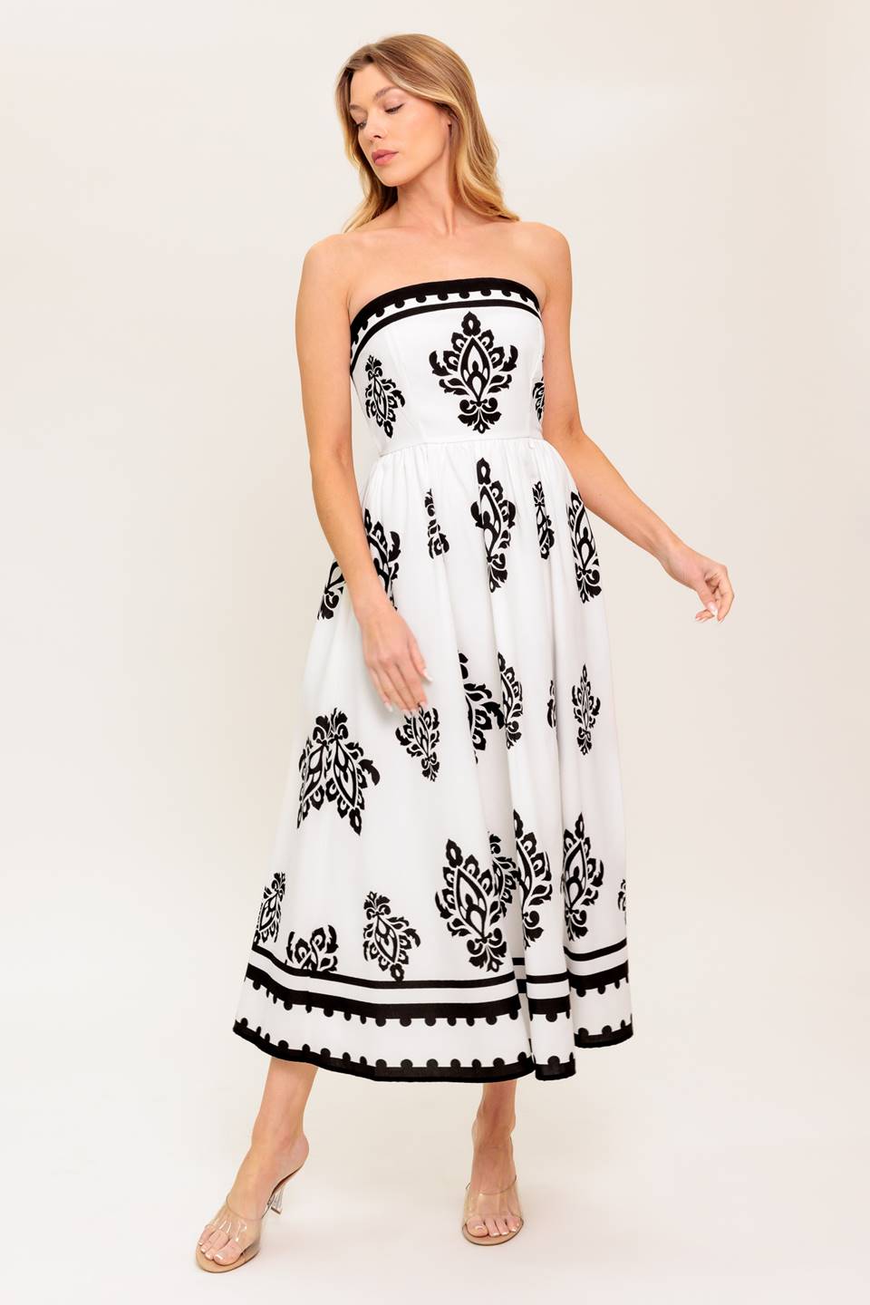 CAFE IN PARIS STRAPLESS MIDI DRESS IVORY & BLACK