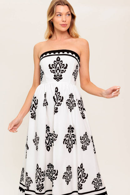 CAFE IN PARIS STRAPLESS MIDI DRESS IVORY & BLACK