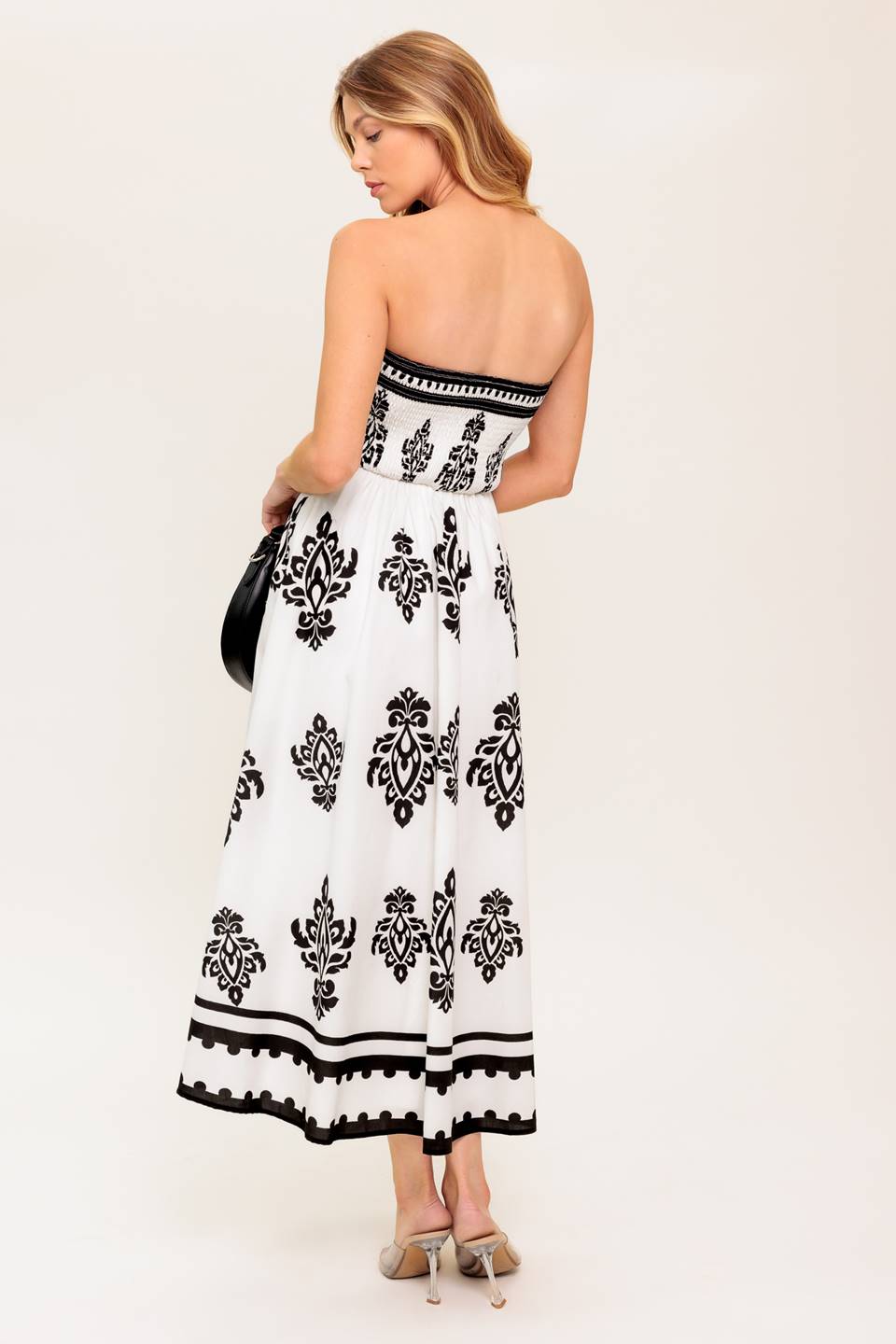 CAFE IN PARIS STRAPLESS MIDI DRESS IVORY & BLACK